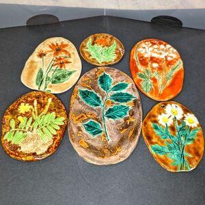 Handcrafted signed vintage 70s plaster plant‎ life imprint glazed wall plaques 6